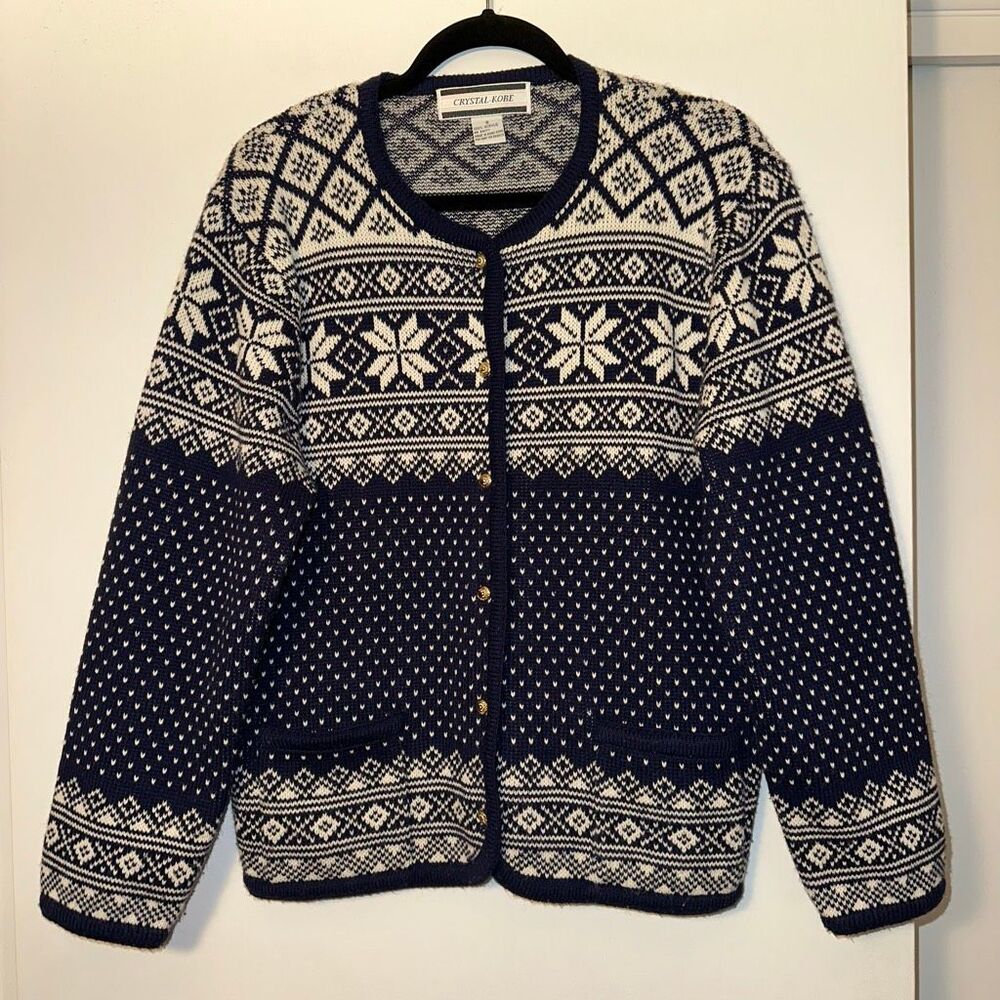 Crystal-Kobe Womens Small Vintage Cardigan Sweater Navy Blue White Fair Isle GUC